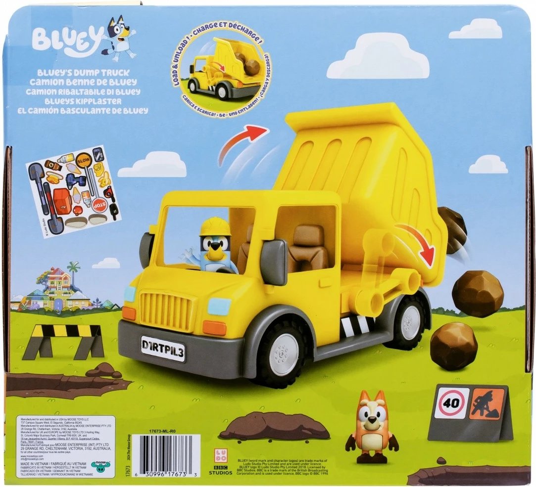 Set lodrash Bluey me kamion dump truck dhe 2 figurina, plastikë, verdhë