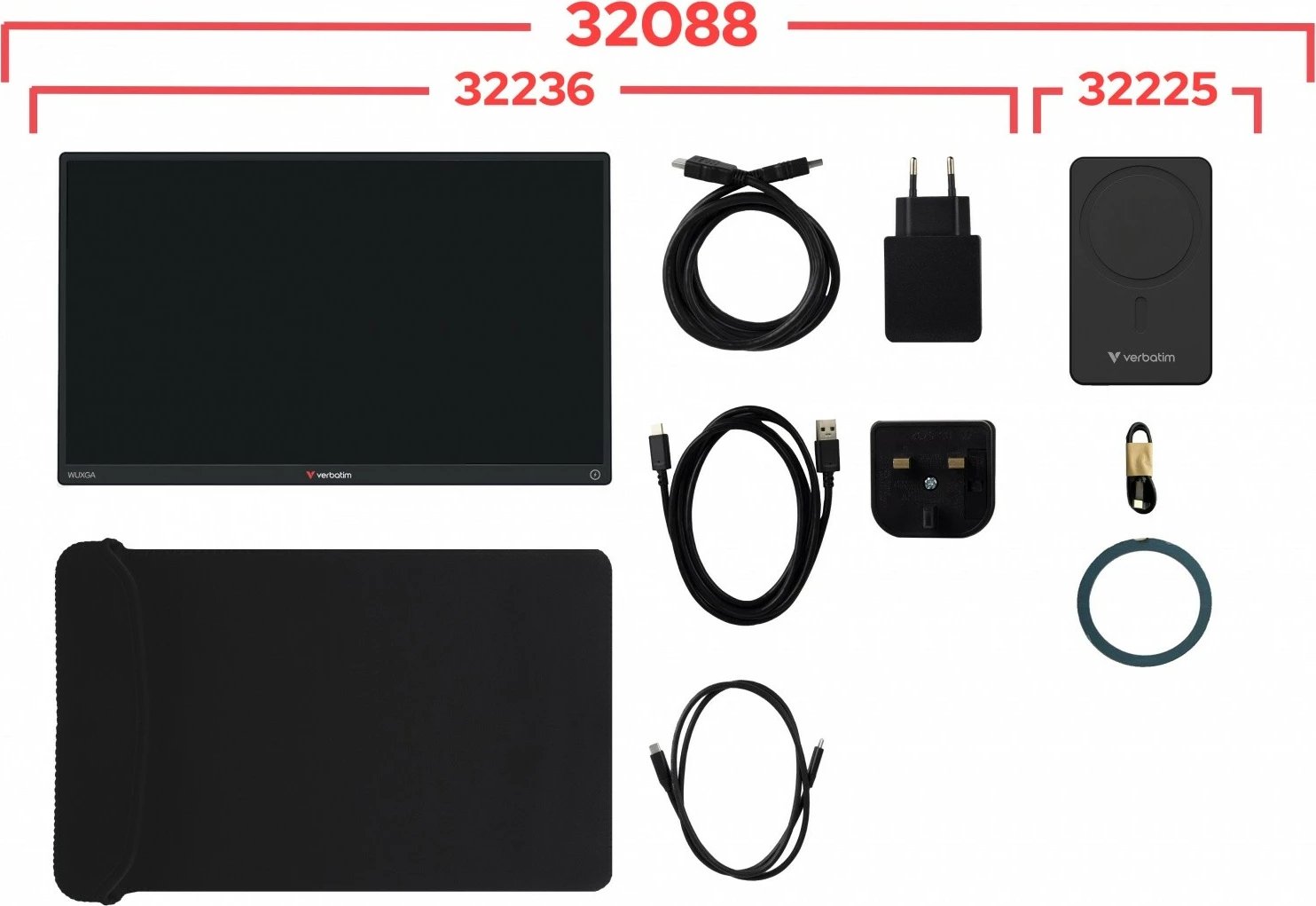 Monitor portabël me prekje, Verbatim, GMVE32088PLG Light 14-inch FHD IPS 60Hz, 10-point touch, 2x USB-C + HDMI, altoparlantë të integruar, me power bank 5000mAh, i zi