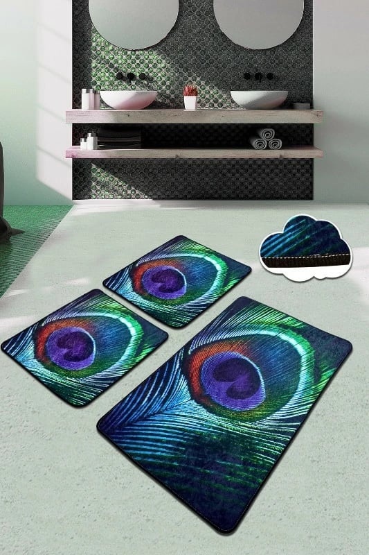 Set tapetash për banjo, 3 copë, dizajn pendë palloi, shumëngjyrëshe, Mijölnir, Peacock