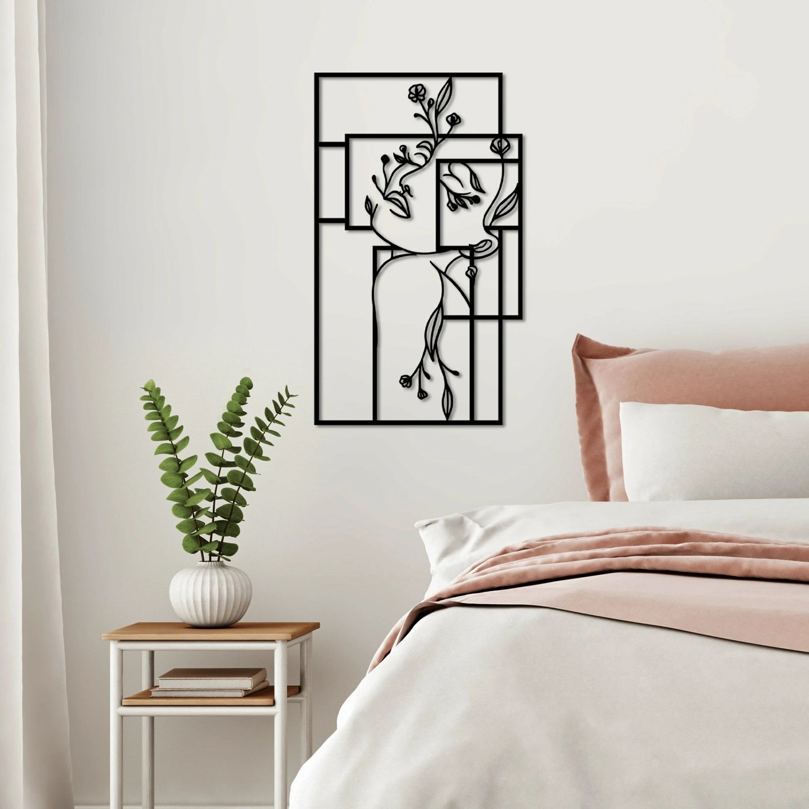 Aksesor dekorativ metalik për mur, Wallity, Flower Woman 1 - M, ngjyrë e zezë, 50x30cm