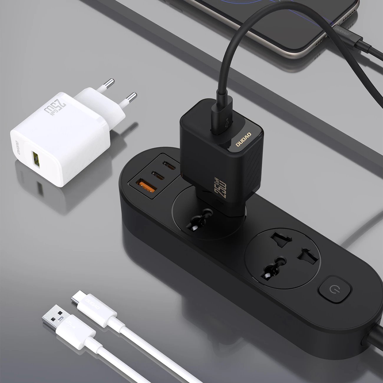 Karikues muror GaN, Dudao, A27STEU, 25W, portë USB-A, me kabllo USB-A në USB-C 1 m, prizë EU, i zi