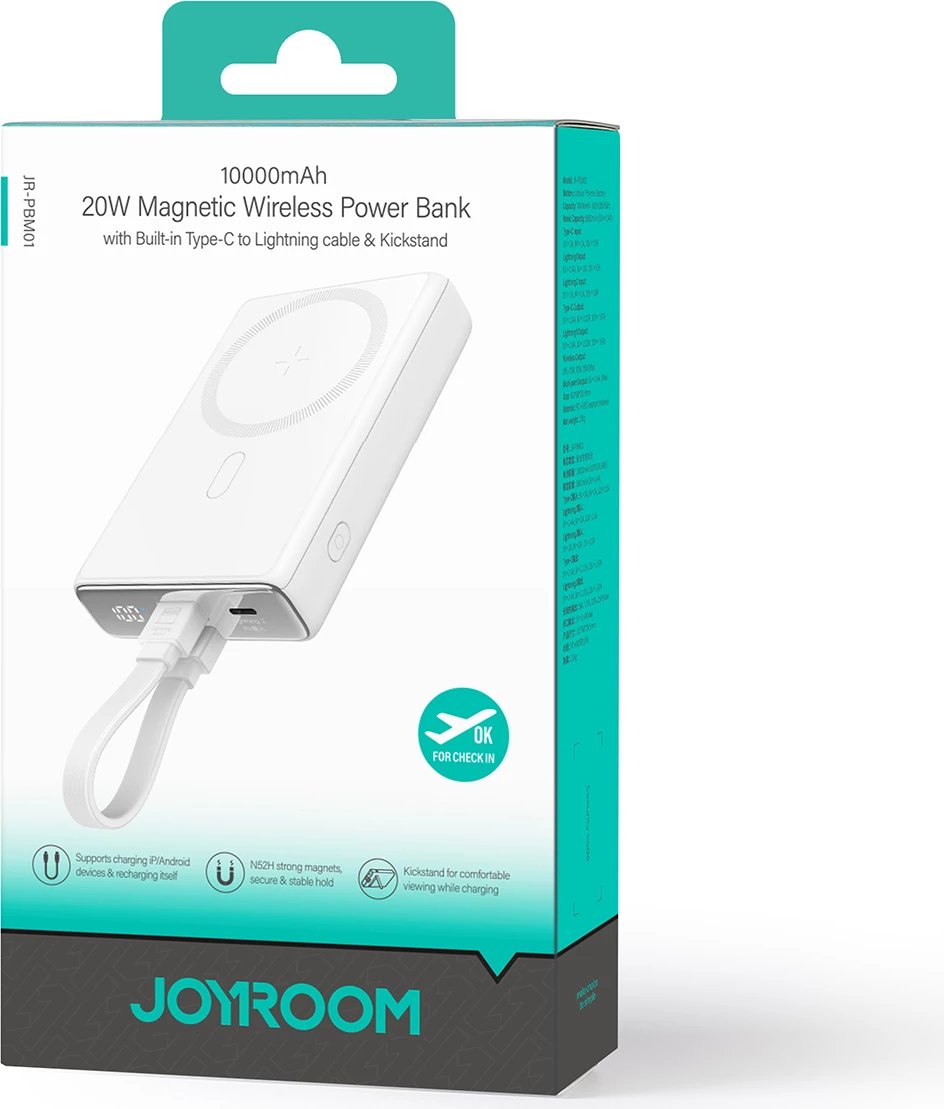 Powerbank Joyroom JR-PBM01, 10000mAh, 20W, me magnet, me këmbë, me kabllo Lightning-USB-C, Bardhë