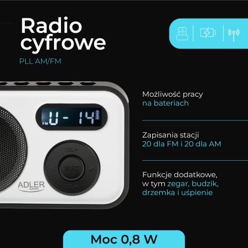 radio digjitale PLL AM/FM Adler AD 1906, LCD, 20+20 memorje, USB‑C, dalje kufje 3.5 mm, 0.8 W, bardh e zi
