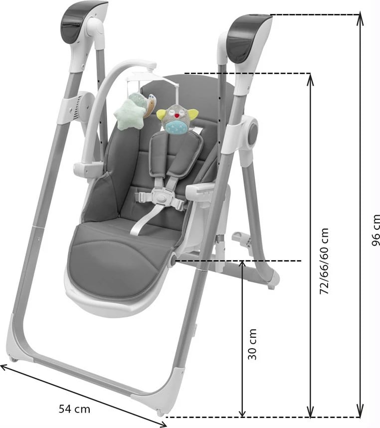 Karrige e lartë 2‑në‑1 me luhatëse, New Baby SMART, me timer dhe detektor lëvizjeje, telekomandë, 5 shpejtësi, 12 melodi, deri 15 kg, gri