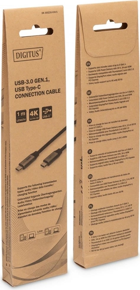 Kabllo USB C/USB C Digitus DB-300220-010-S, 1m, 60W, 5Gbps, e zezë/gri Kabllo USB C/USB C Digitus DB-300220-010-S, 1m, 60W, 5Gbps, e zezë/gri