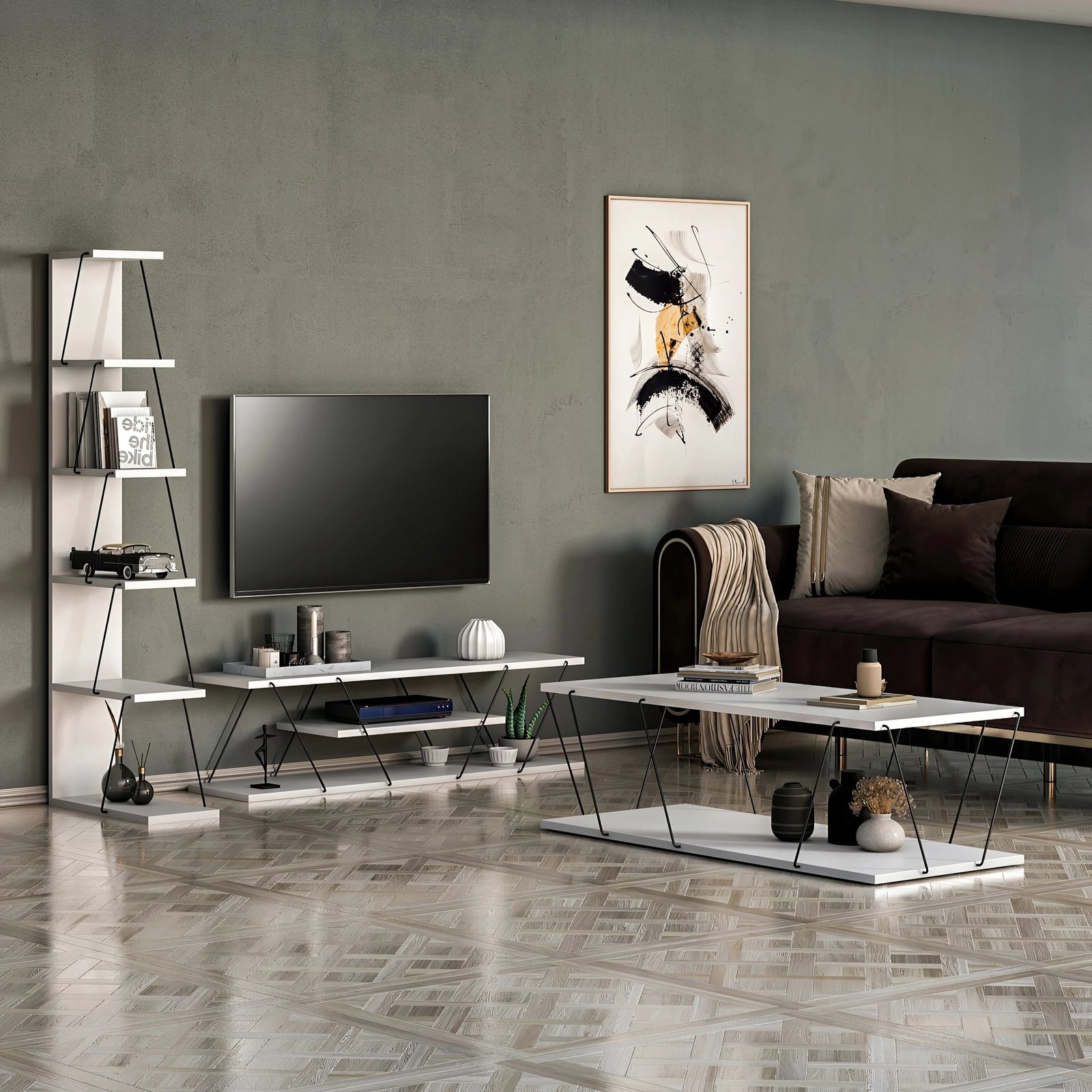 Set mobiljesh për dhomë dite, Skye Decor Epsilon, bardhë e zi