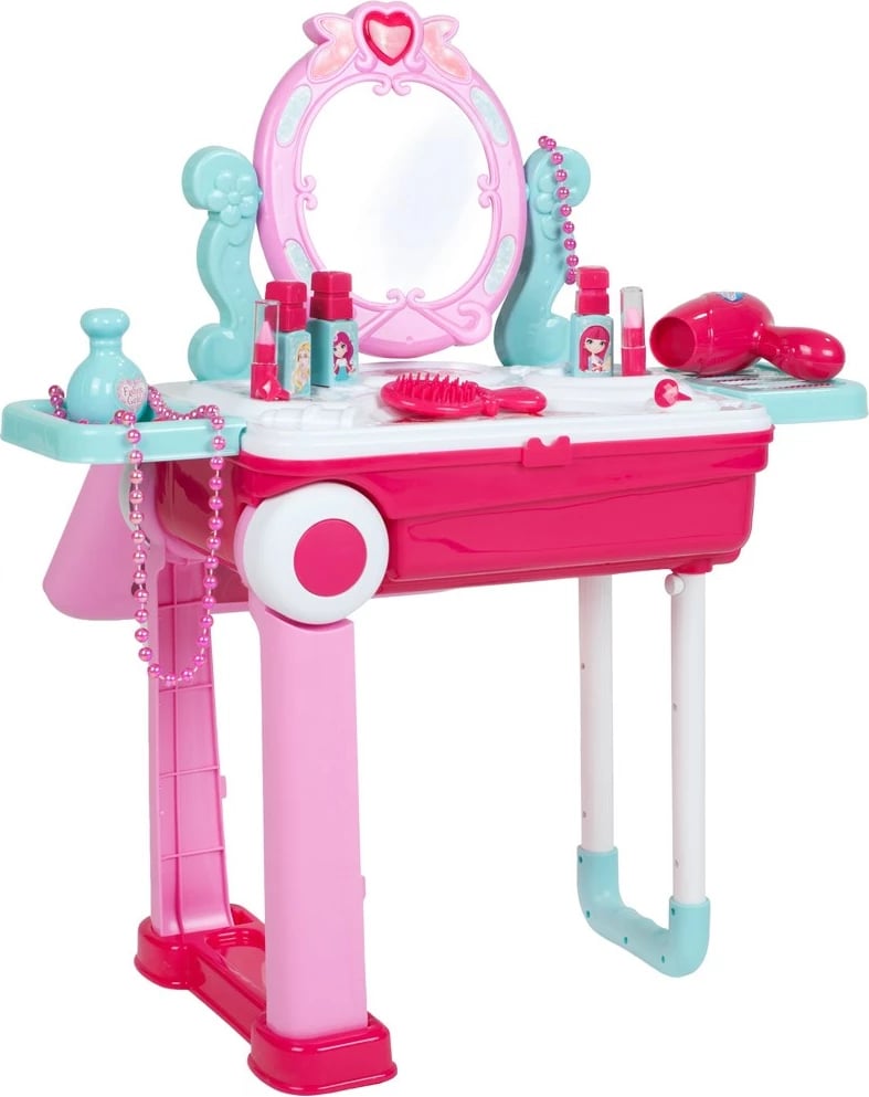 set tualeti fëmijësh 2-në-1 në valixhe, BABY MIX, me pasqyrë me dritë e tingull, aksesorë lojë, rozë