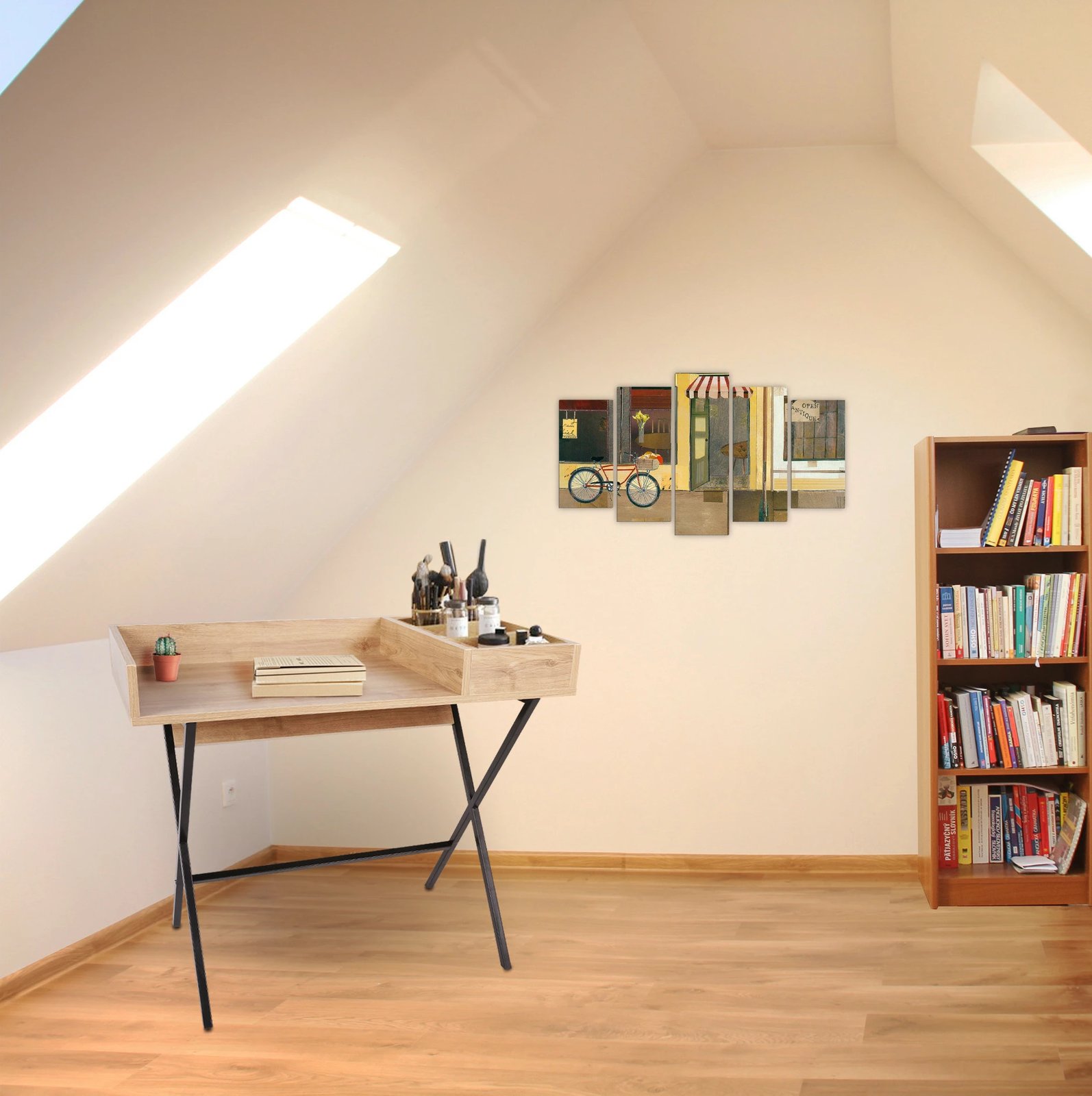 Tavolinë pune për studim, ngjyrë lisi dhe e zezë, Skye Decor, Roma