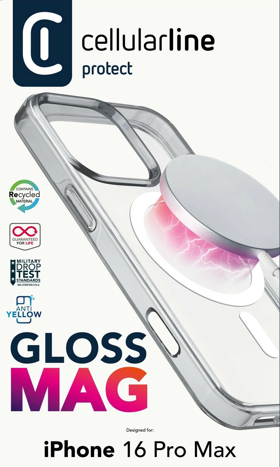 Mbështjellës Cellular Line Gloss MagSafe për iPhone 16 Pro Max, transparent