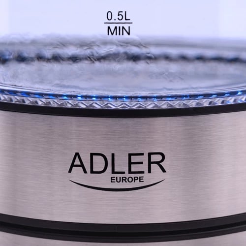 Çajnik elektrik, Adler AD 1225, 1.7 L, qelq, 1850–2200W, bazë 360°, ndriçim LED, filtër sedimenti, e zezë