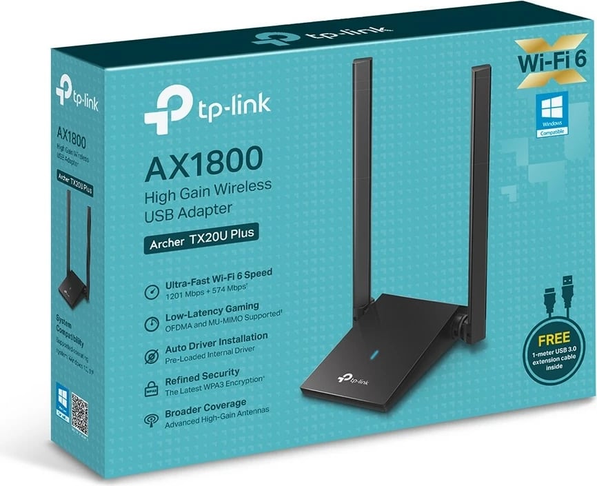 Kartë rrjeti WiFi USB TP-LINK Archer TX20U Plus AX1800, dy antena, e zezë
