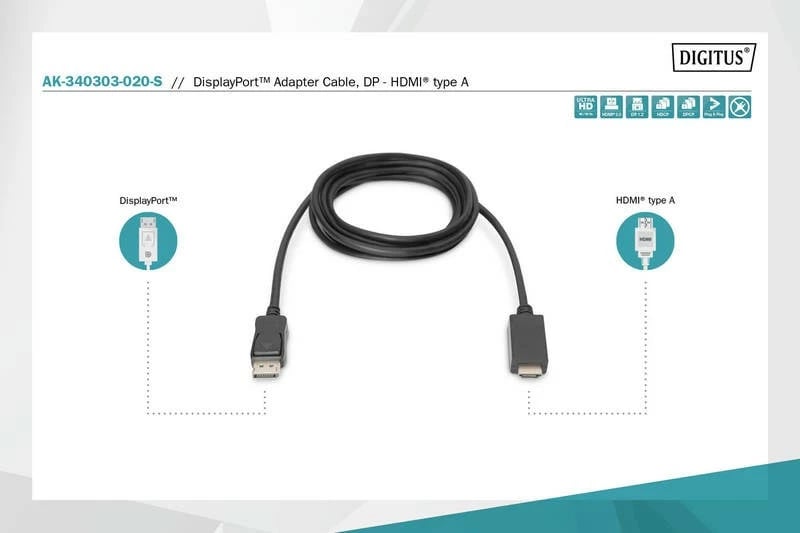 Kabllo DisplayPort në HDMI Digitus AK-340303-020-S, 2m, e zezë