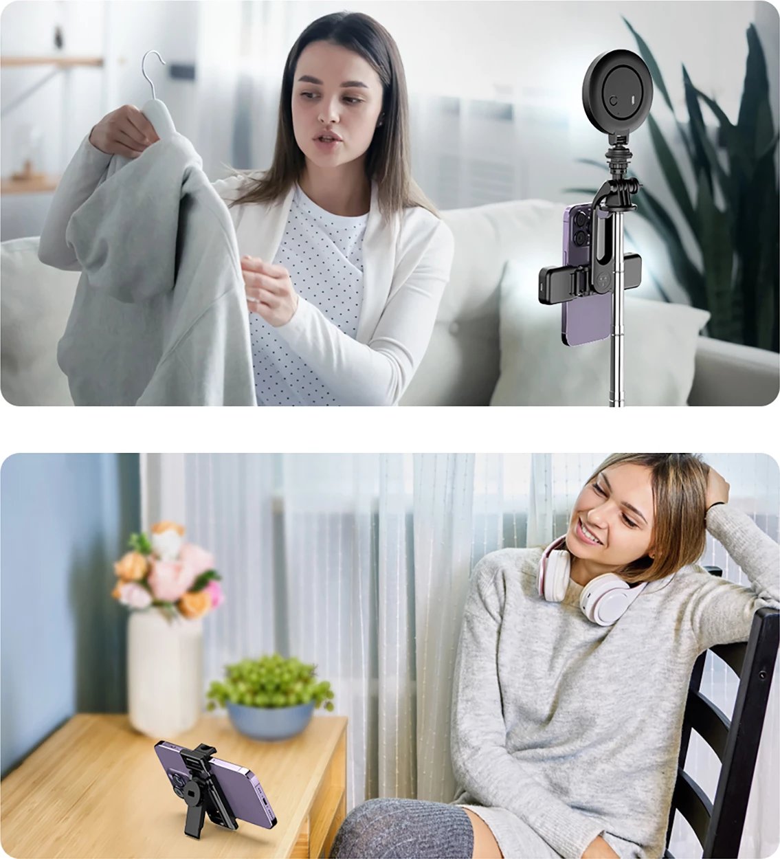 Selfie stick Hurtel WC13YDS tripod teleskopik 1.3m me dy llampa dhe mbajtëse telefoni, zi
