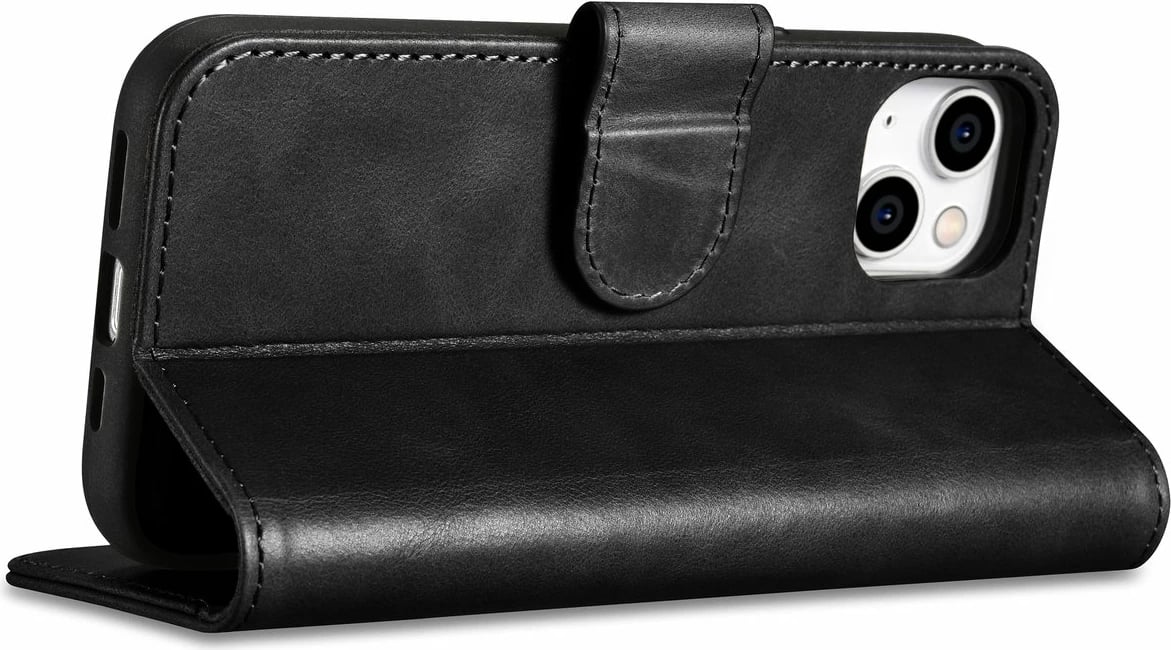Mbështjellës iCarer Oil Wax Wallet Case 2in1 për iPhone 14, lëkurë natyrale, Anti-RFID, e zezë