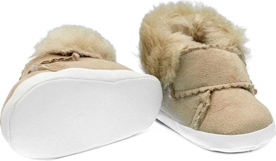 Papuçe bebe dimri, New Baby, 0-3 m, me pelush dhe mbyllje me shul, taban PVC i hollë, kafe e çelët