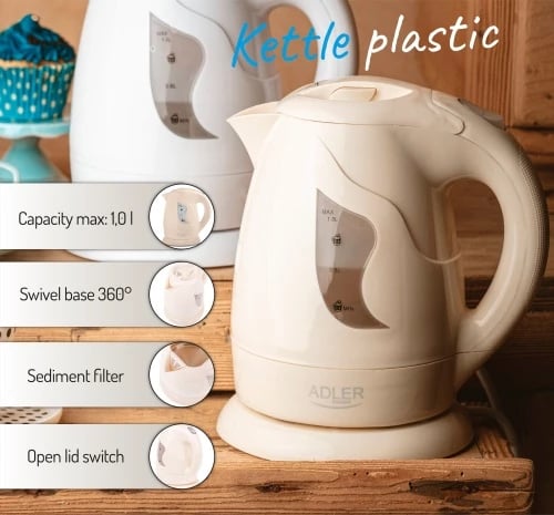 Zierës uji elektrik, Adler, AD 08, 1.0 L, 850W, plastikë, bezhë