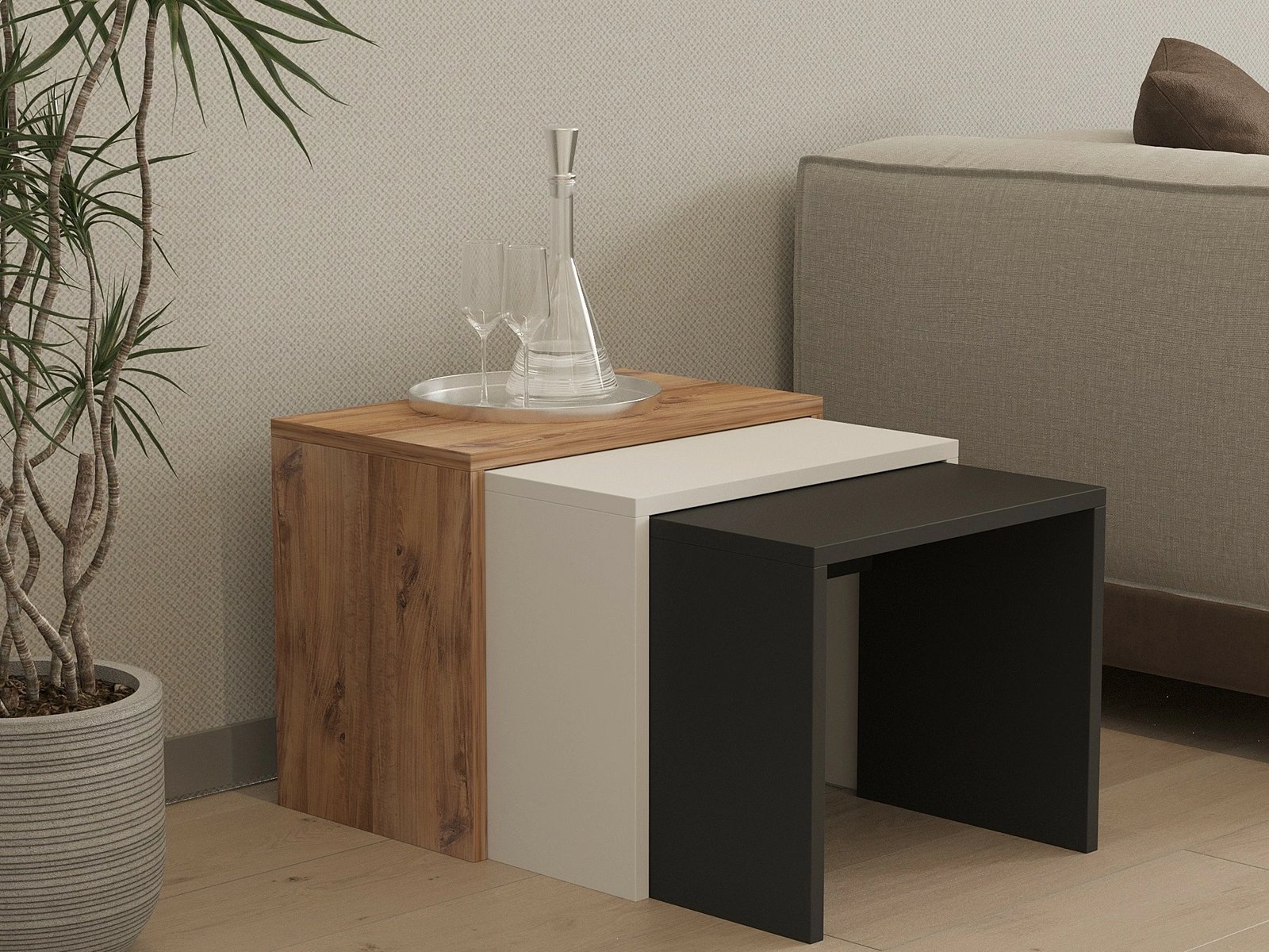 Set tavolinash ndihmëse Hanah Home, 3 copë, ngjyrë antracit, lis, e bardhë