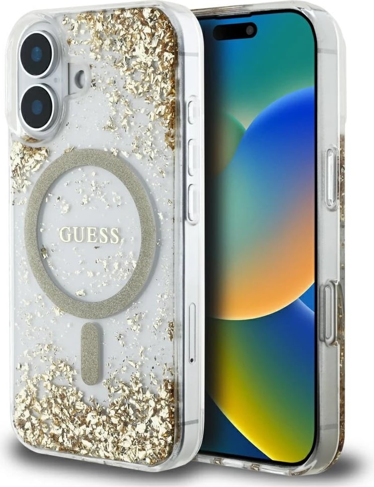Mbështjellës Guess HC Resin Bottom Glitter MagSafe për iPhone 16 6.1", hardcase TPU/PC me unazë magnetike MagSafe, ari