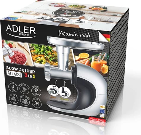 Pajisje kuzhine 3‑në‑1, Adler AD 4131, shtrydhëse e ngadaltë 90–105 rpm, mulli mishi #8 me sita 3/5/7 mm, grirëse perimesh, 150 W, 650 ml