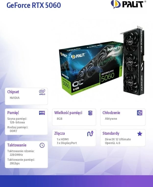 Kartelë grafike Palit GeForce RTX 5060 INFINITY 3 OC, 8GB GDDR7, 128-bit, 3DP/HDMI