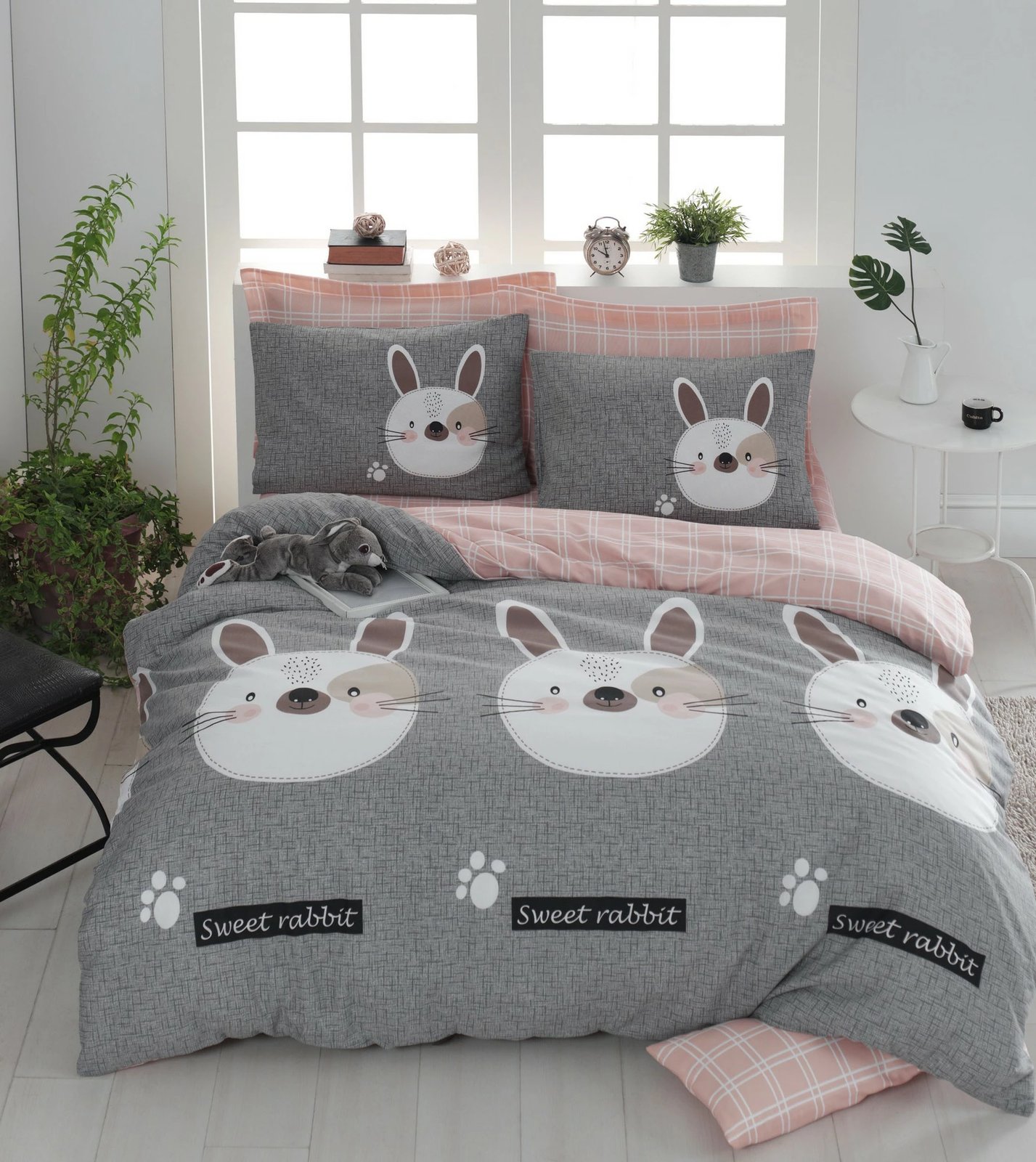 Set mbulesë për jorgan Super King, Tavşancık, ngjyrë kafe e çelët, gri, rozë, L'essentiel (3 copë)