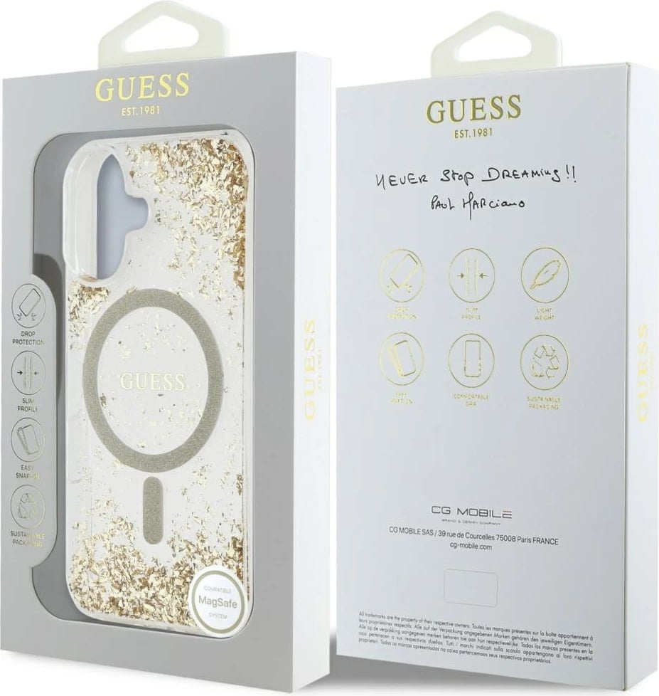 Mbështjellës Guess HC Resin Bottom Glitter MagSafe për iPhone 16 6.1", hardcase TPU/PC me unazë magnetike MagSafe, ari