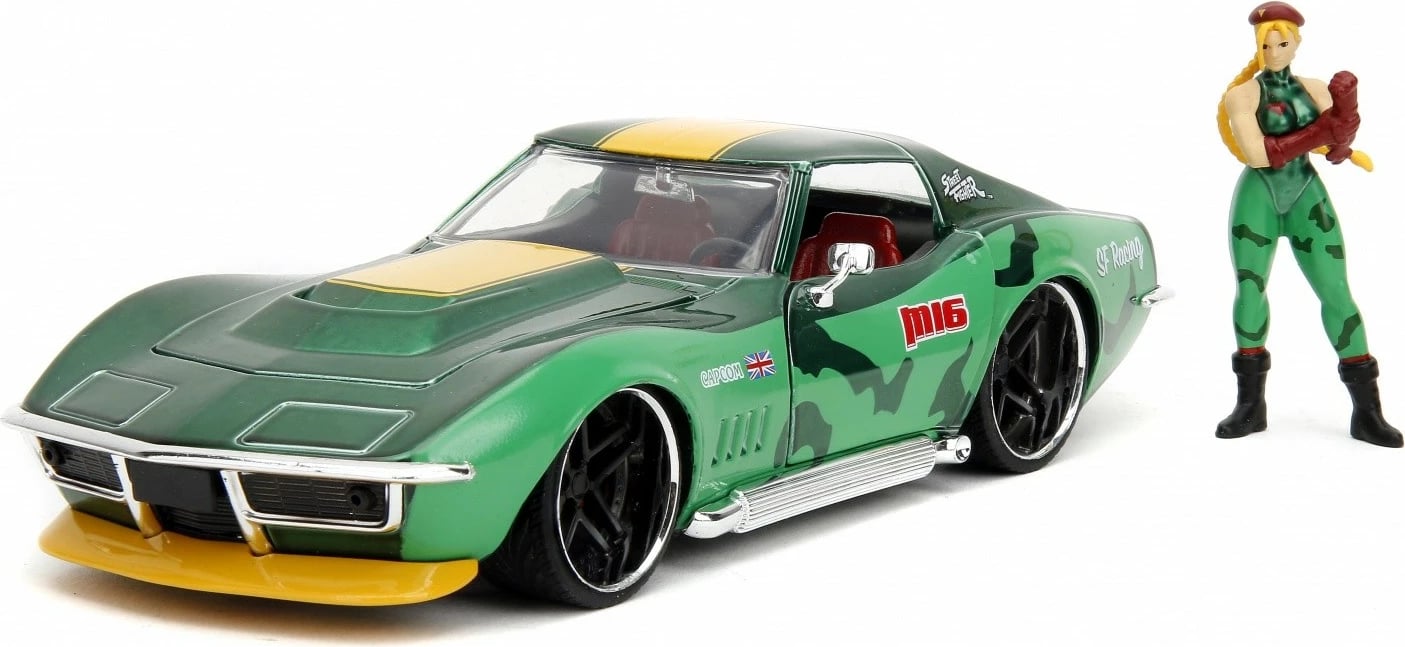 Veture lodër Jada Toys Street Fighter 1969 Chevrolet Corvette 1:24 me figurë Cammy, Gjelbër/Verdhë