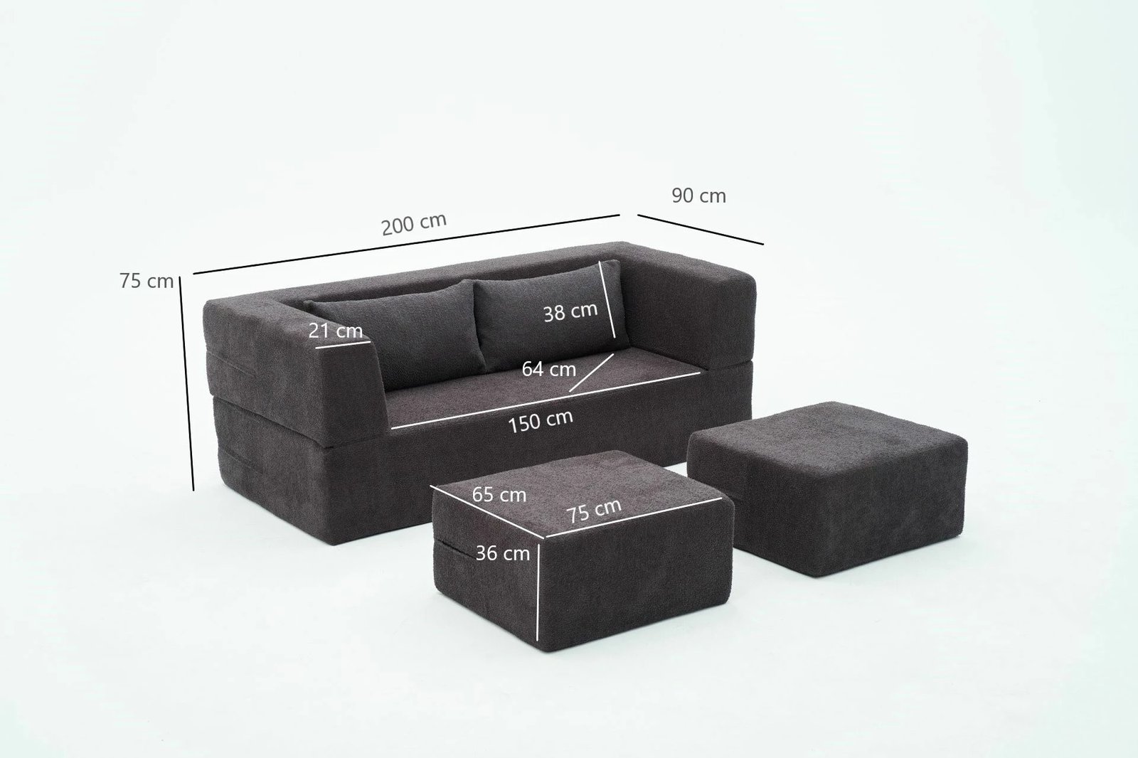 Divan-krevat dy ulëshe, ngjyrë antracit, Atelier del Sofa, me 2 pouffe