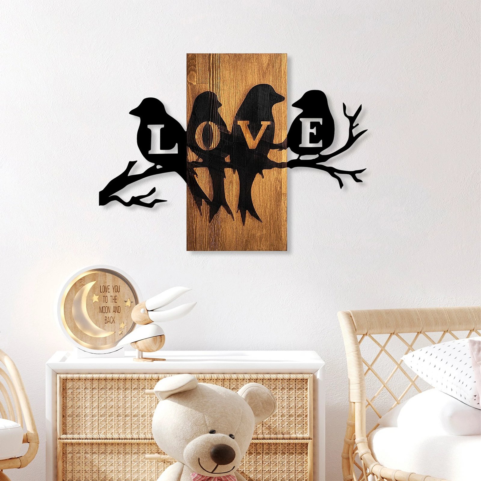 Aksesor dekorativ muri prej druri, zogj dashurie, ngjyrë arre dhe e zezë, 57x75cm