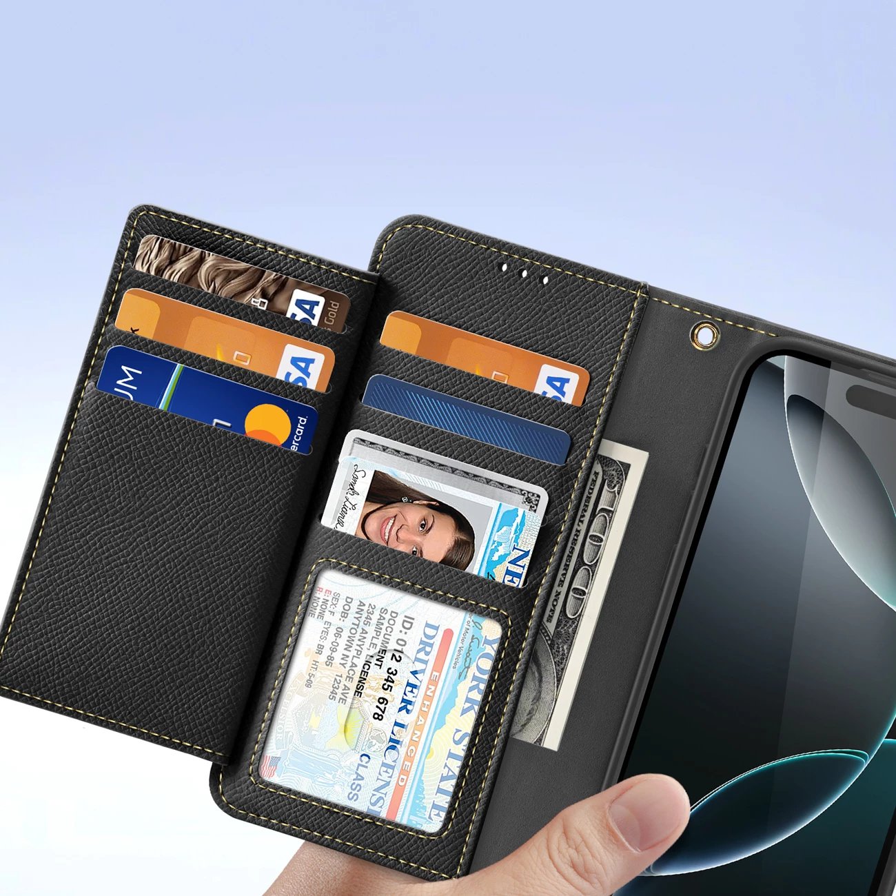 Mbështjellës Dux Ducis Lawa për iPhone 16 Pro, lëkurë, me portofol magnetik, i zi