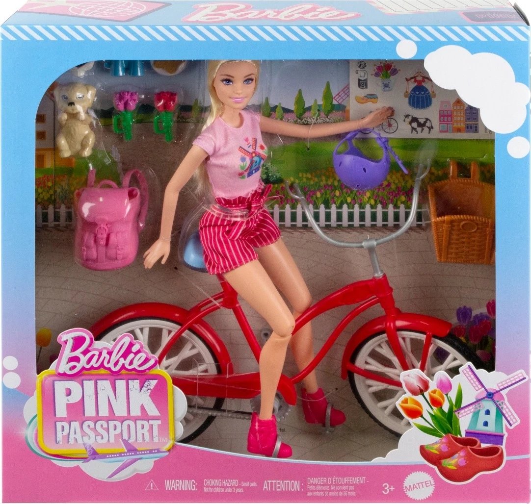 Set kukull Barbie Mattel HWJ00 me biçikletë dhe qen, aksesorë Pink Passport