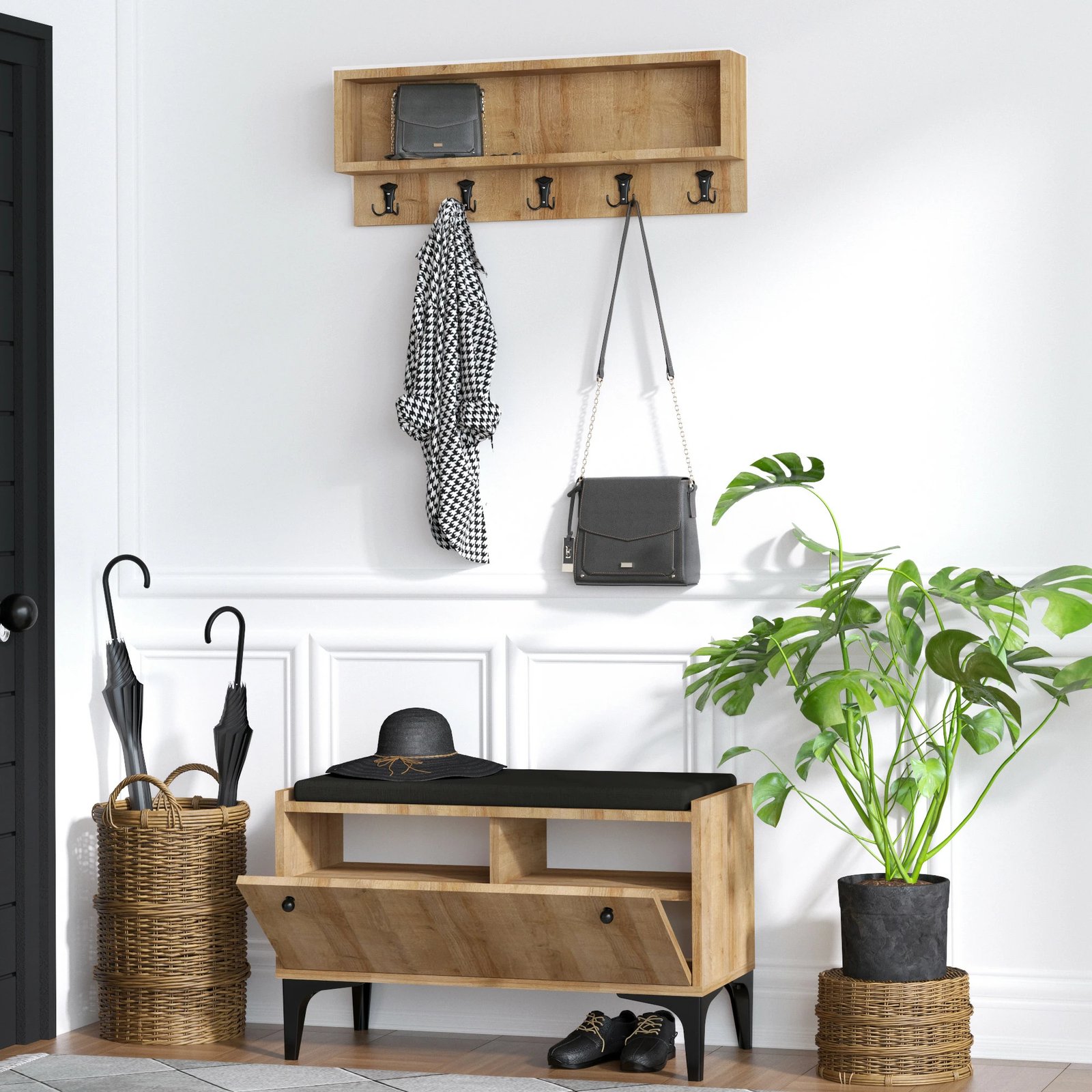 Dollap këpucësh Lena, ngjyrë lisi, me raft për xhaketa