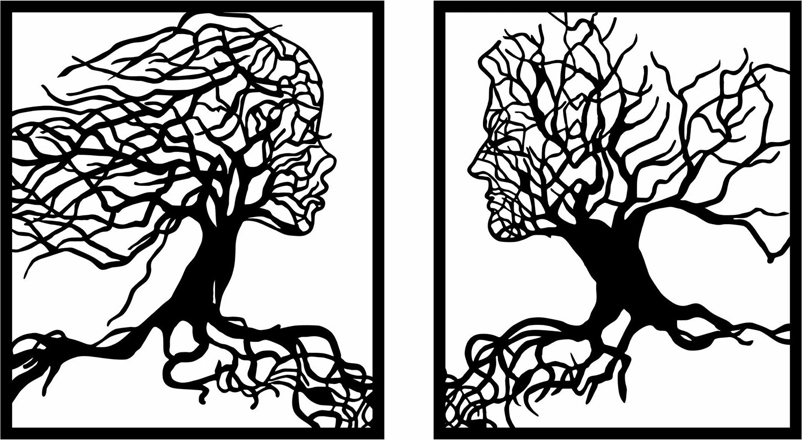 Aksesor dekorativ metalik për mur, Wallity, pemë mashkull dhe femër, 2 copë, 50x58cm