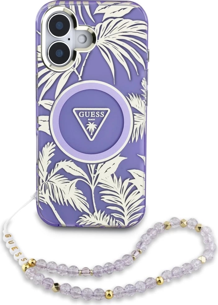 Mbështjellës Guess Palm Trees Triangle Pearl Strap MagSafe për iPhone 16, Vjollcë