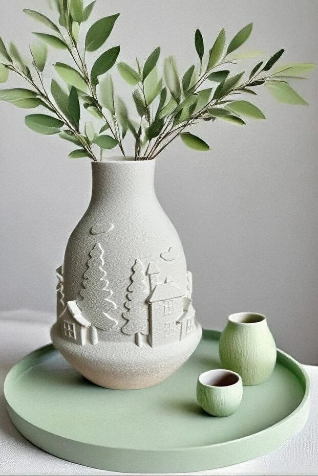 Vazo dekorative Evila Originals, motiv 'Winter Village', e bardhë, 20cm