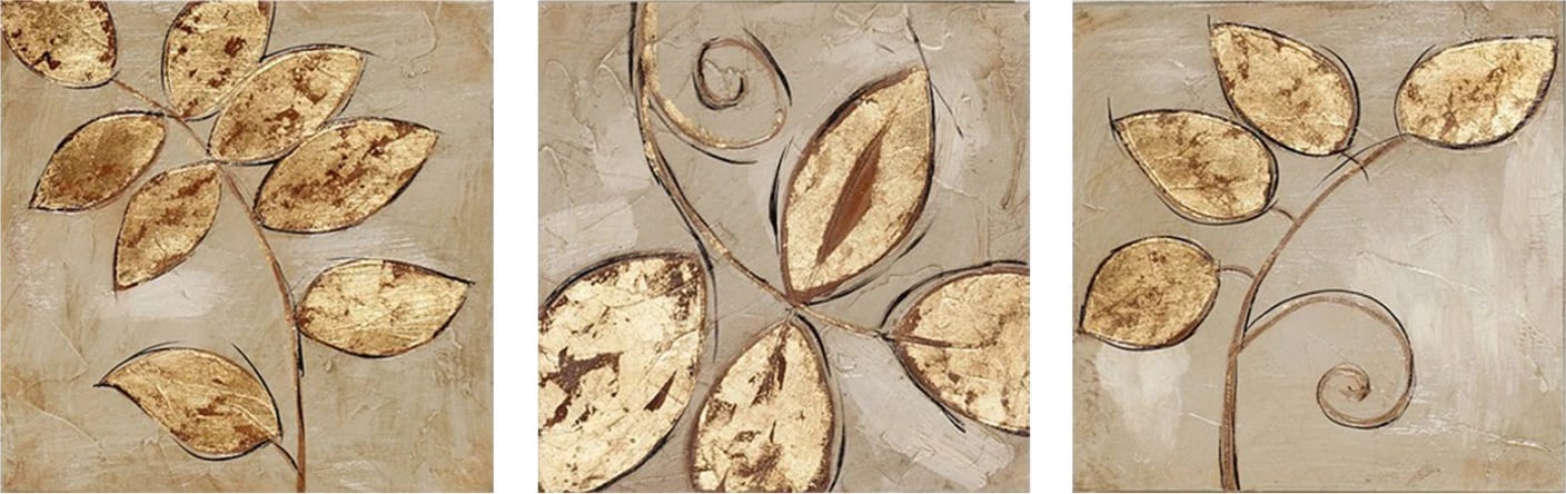 Pikturë triptik në kanavacë, gjethe të arta, FH7327, 90x3x30 cm