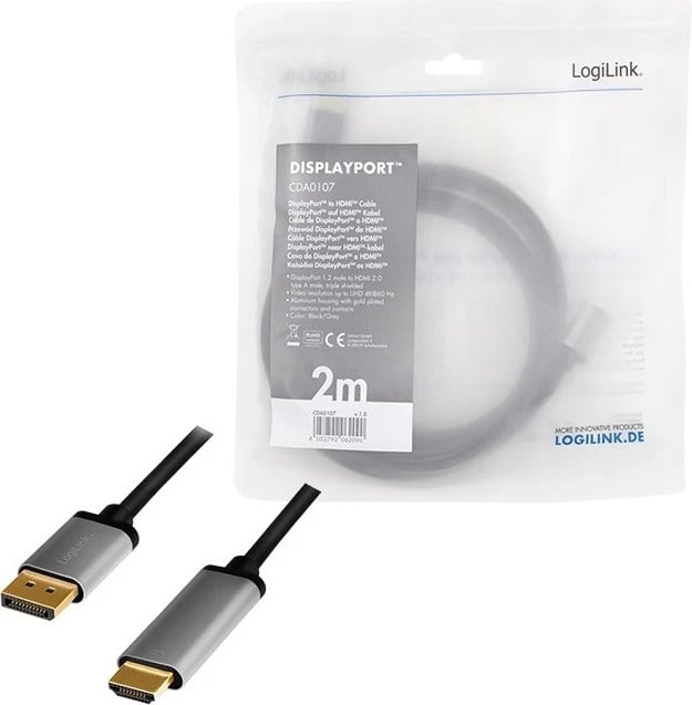 Kabllo DisplayPort-HDMI, LogiLink, 2m, e zezë/hiri