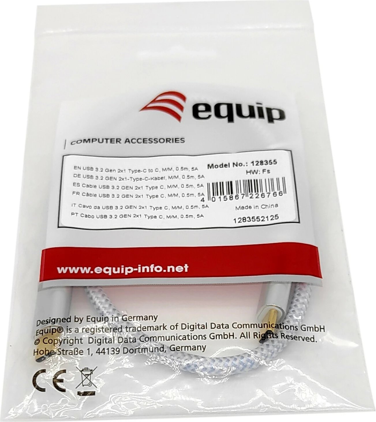 Kabëll USB C në USB C Equip 0.5m, USB 3.2 Gen 2, 100W, Silver/White