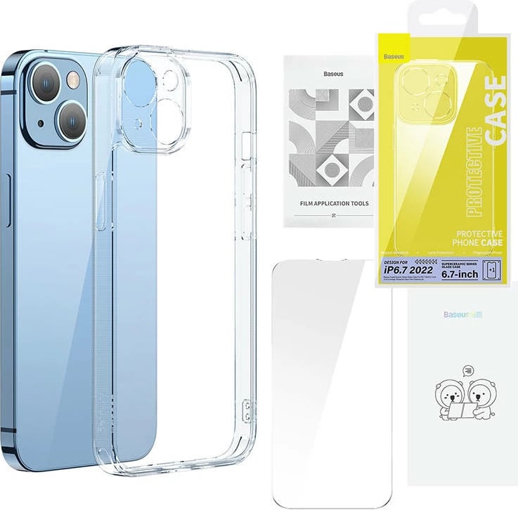 Mbështjellës Baseus SuperCeramic me xham të temperuar për iPhone 14 Plus, Transparent, set