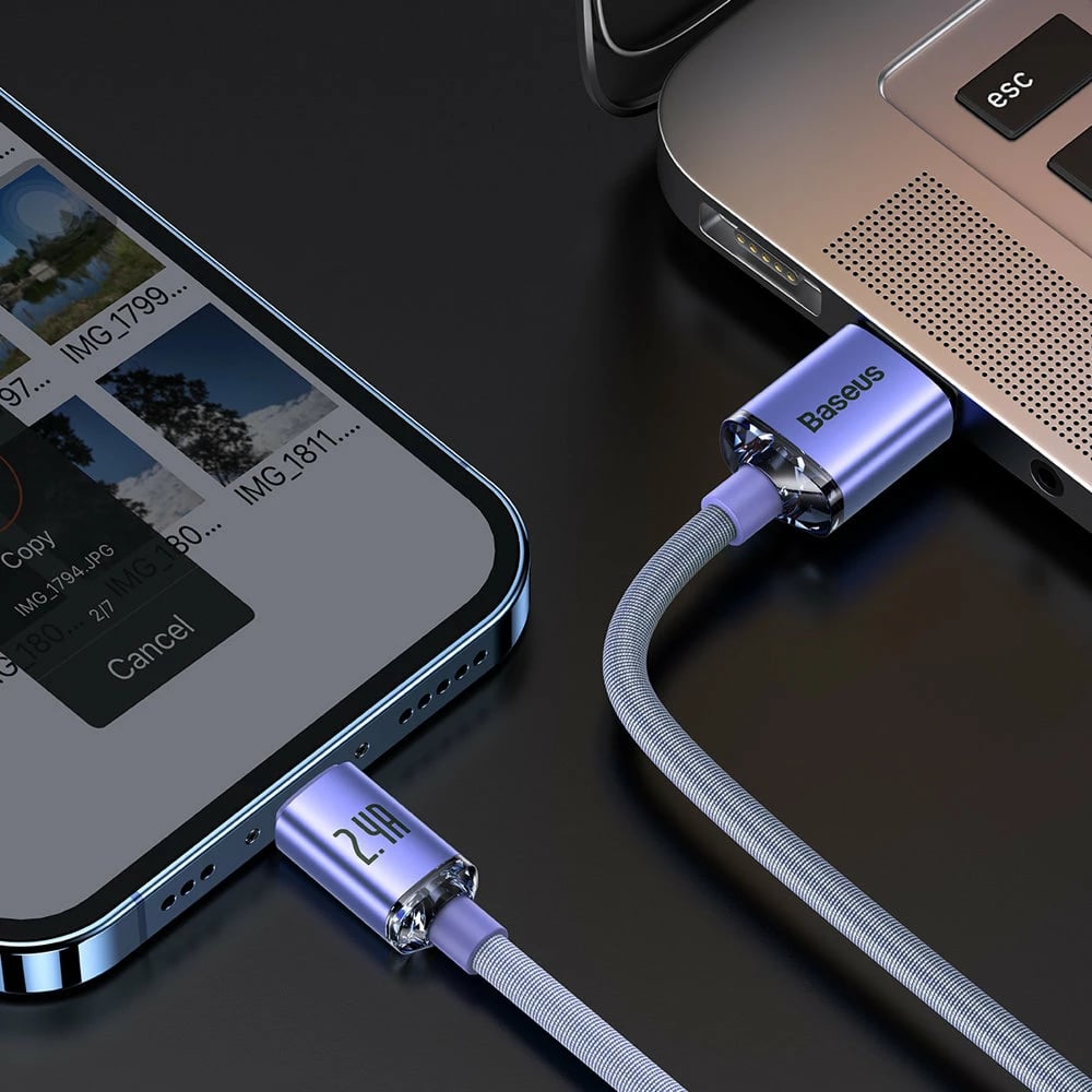 Kabllo karikimi dhe të dhënash Baseus Crystal Shine Series, USB-A në Lightning, 1.2m, 2.4A, vjollcë