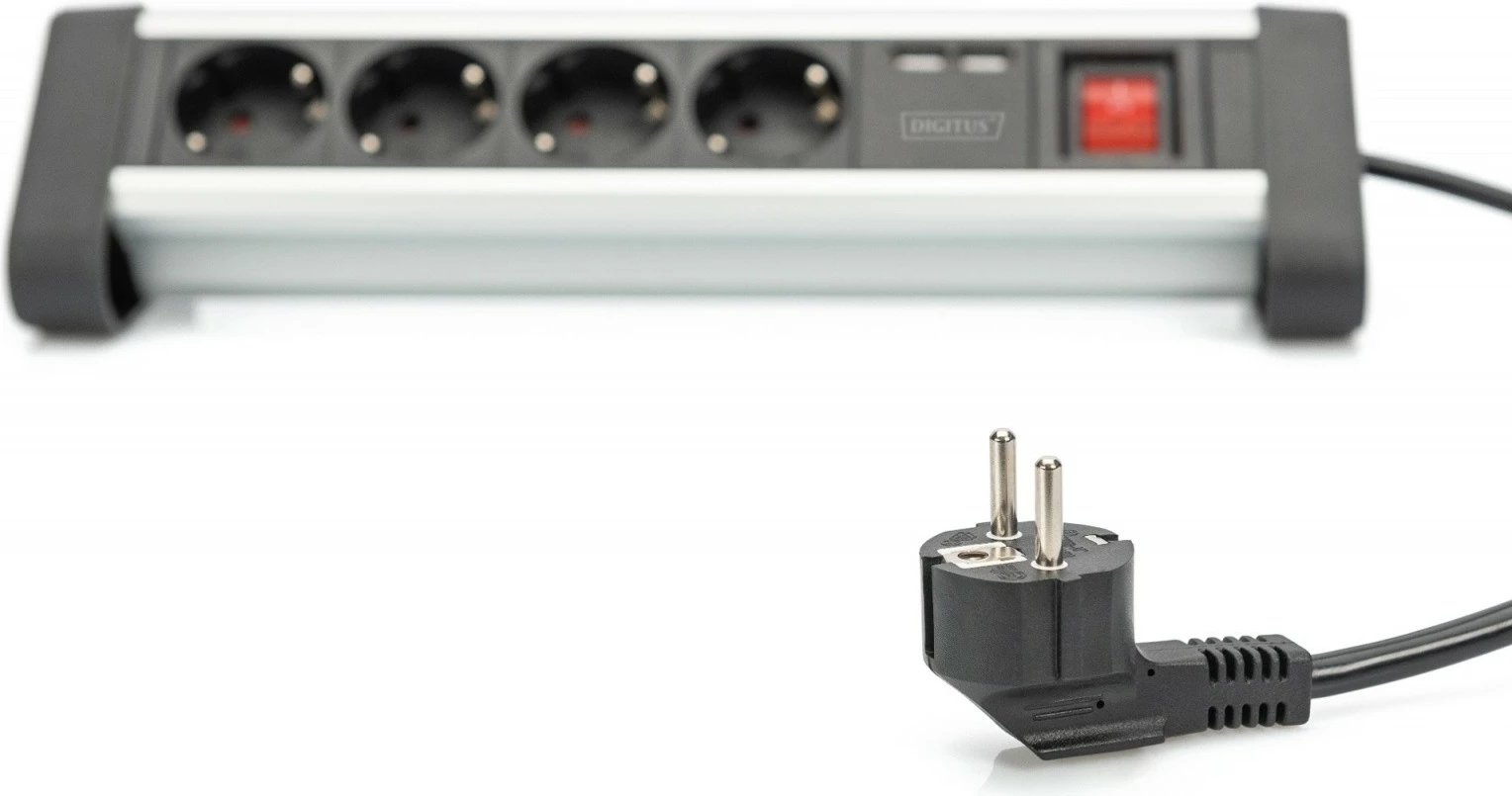 Prizë zgjatuese Digitus DA-70614, 4 dalje Schuko, 2x USB, alumini/zezë, 1.5m