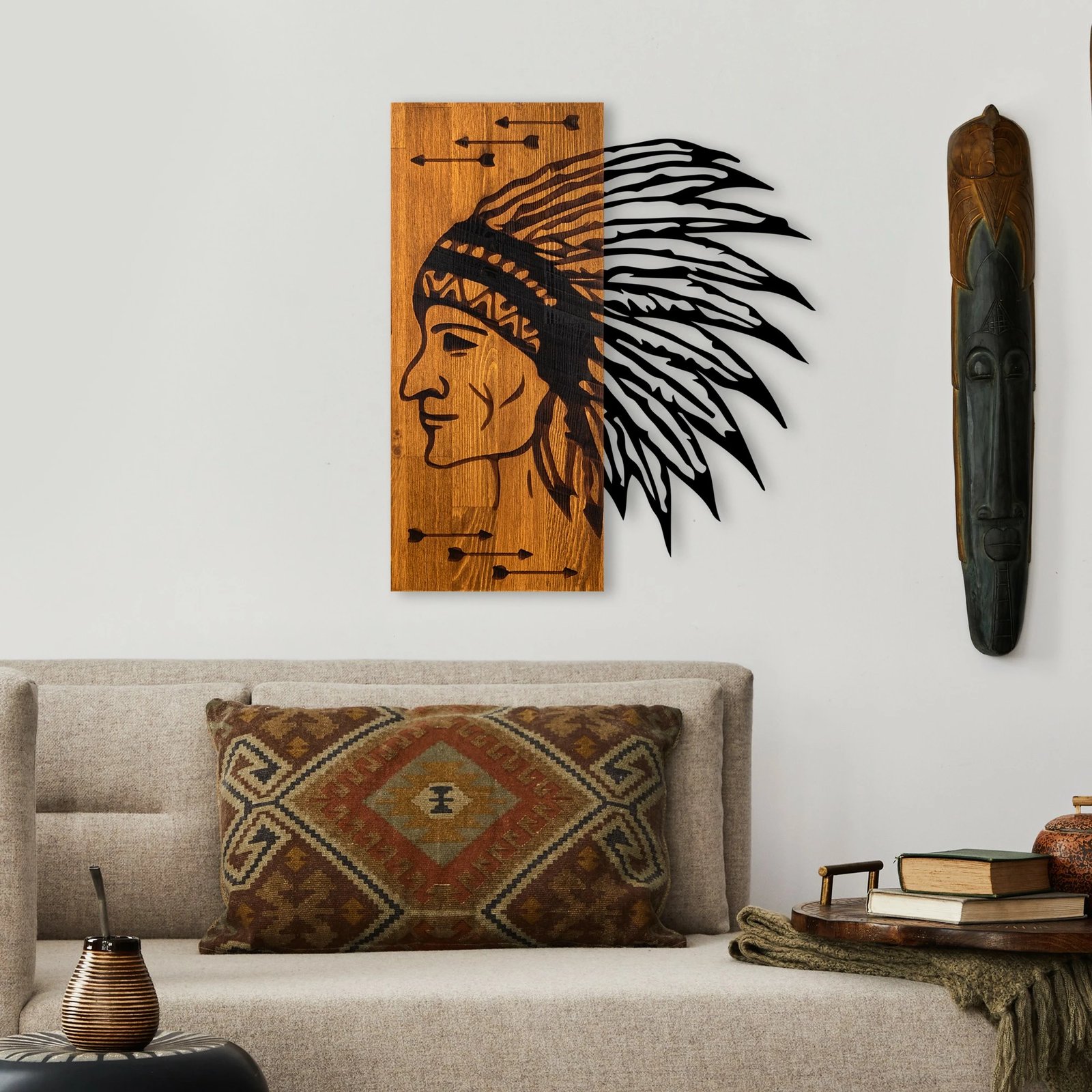 Aksesor dekorativ prej druri për mur, Wallity Apachi, ngjyrë arre dhe e zezë