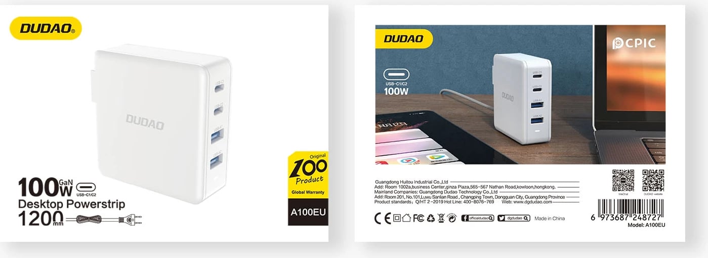 Karikues muri Dudao A100EU GaN, 100W, 2x USB-C, 2x USB-A, Bardhë