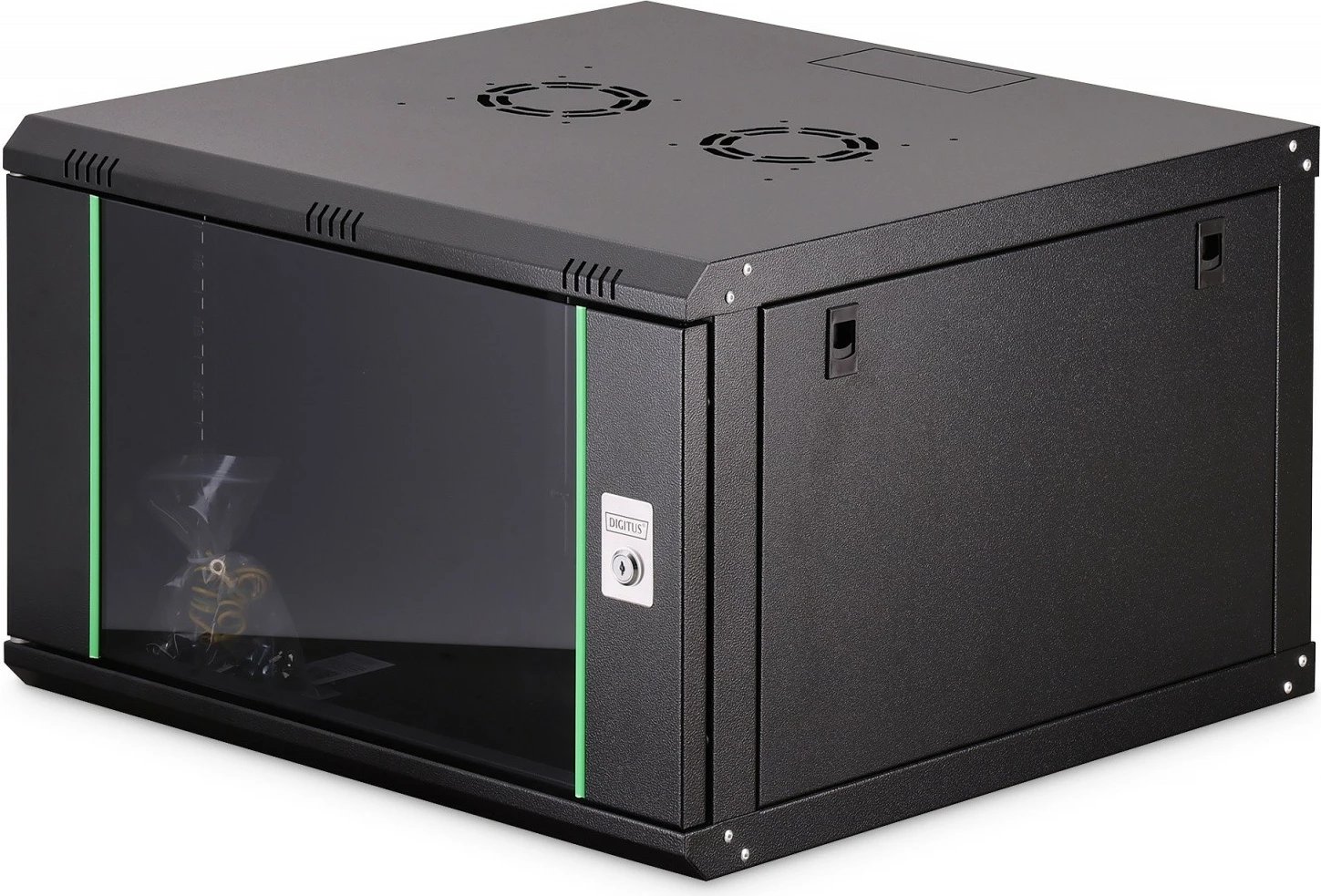 Kabinë rrjeti murale 19" 7U, Digitus DN-37103, 385x600x600mm, 4 shina të rregullueshme, derë xhami, IP20, 60kg, e zezë, e pamontuar