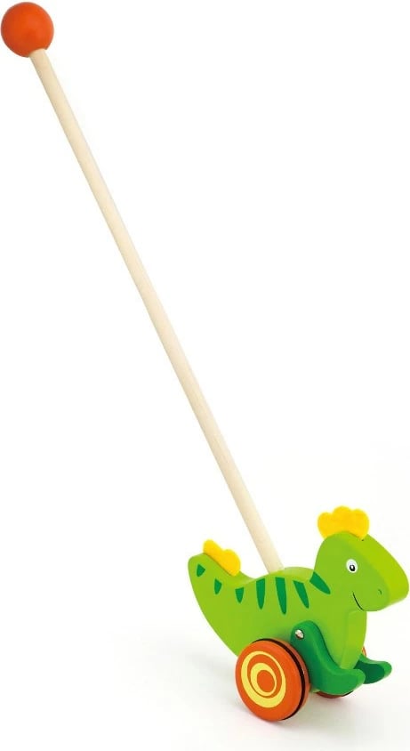 Lodër shtytëse prej druri me shkop, Viga, Dinosaur, 15x8.3x5.6 cm, 2+ vjeç, shumëngjyrëshe