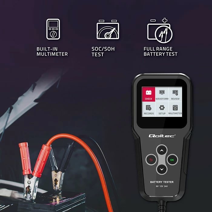 Tester baterie Qoltec 3-në-1, model 52489, LCD, 6V/12V/24V, i zi, me etui