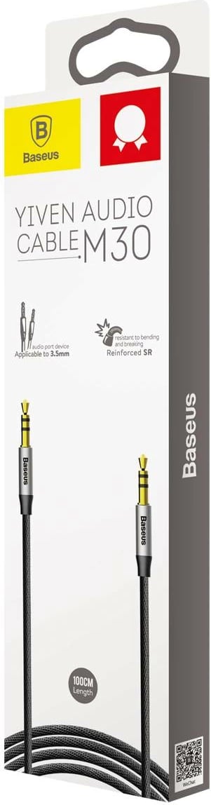Kabllo audio AUX Baseus Yiven M30, 1m, mini jack 3.5mm, argjendtë-e zezë Kabllo audio AUX Baseus Yiven M30, 1m, mini jack 3.5mm, argjendtë-e zezë