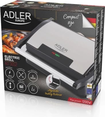 Grill elektrik, Adler, AD 3052, 23x14.5 cm, 700W/1200W max, pllaka jo-ngjitëse, e zezë-argjend Grill elektrik, Adler, AD 3052, 23x14.5 cm, 700W/1200W max, pllaka jo-ngjitëse, e zezë-argjend