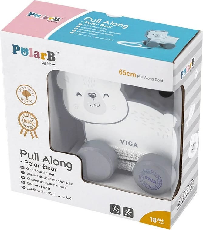 Lodër tërheqëse druri me litar, Viga, Polar Bear, 108x105x53 mm, gri