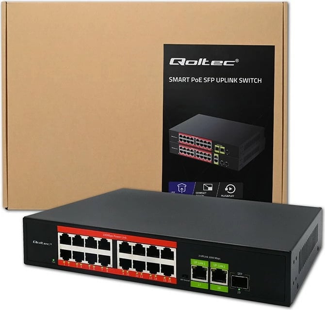 Switch Qoltec 52291 16x RJ45 10/100 PoE, 2x RJ45 uplink 1000, 1x SFP 1000, unmanaged